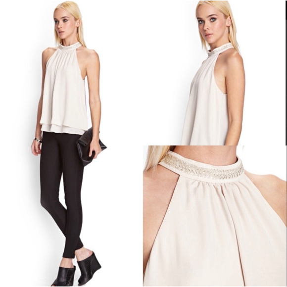 Forever 21 Beaded Halter Cream Blouse Relaxed Fit Small Top - Picture 4 of 10